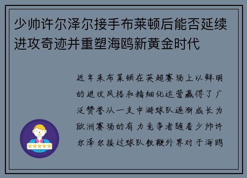 少帅许尔泽尔接手布莱顿后能否延续进攻奇迹并重塑海鸥新黄金时代