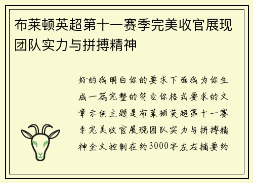 布莱顿英超第十一赛季完美收官展现团队实力与拼搏精神