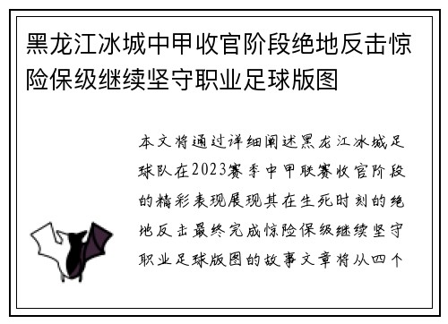 黑龙江冰城中甲收官阶段绝地反击惊险保级继续坚守职业足球版图